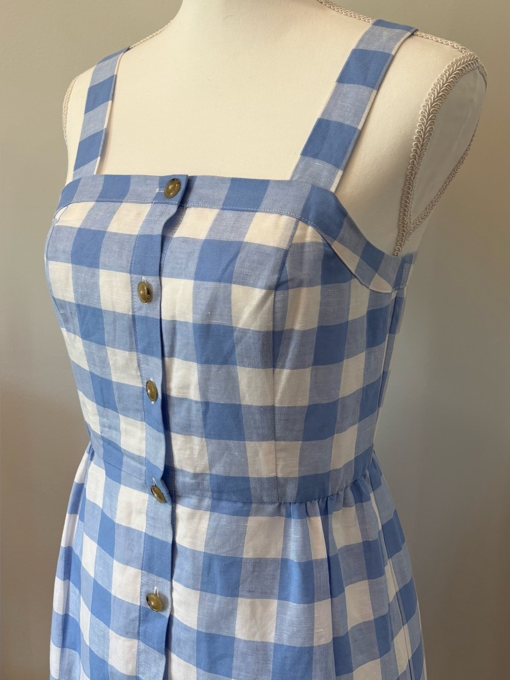 Gingham Sundress Blue and White J Crew Button-Front, Size 2, Linen Cottagecore - Picture 4 of 10